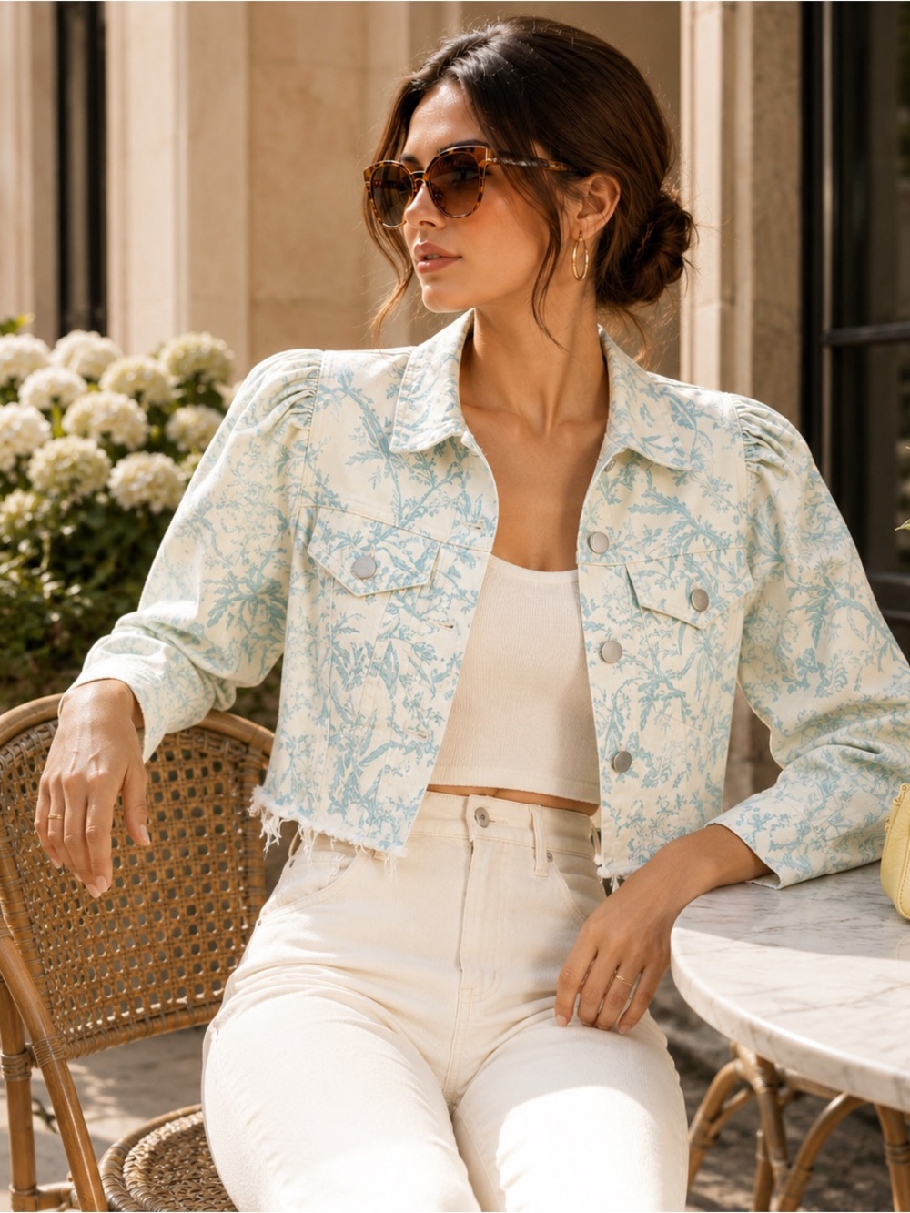 Alice + Olivia Lana Toile Puff Sleeve Cropped Denim Jacket S Cottagecore Bttrfly - Picture 2 of 12